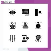 Set of 9 Vector Solid Glyphs on Grid for watch present coffee money car Editable Vector Design Elements