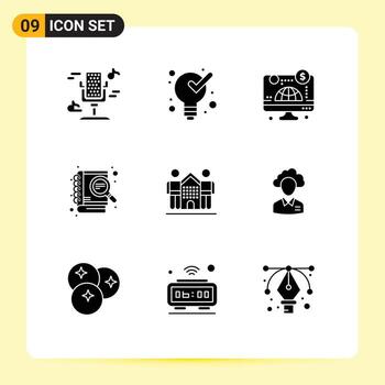 Mobile Interface Solid Glyph Set of 9 Pictograms of friendly seo computer search case study Editable Vector Design Elements