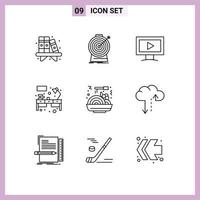 Mobile Interface Outline Set of 9 Pictograms of food workplace targeting table desk Editable Vector Design Elements