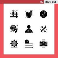 Set of 9 Vector Solid Glyphs on Grid for body green no environment earth day Editable Vector Design Elements
