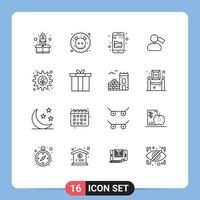 Mobile Interface Outline Set of 16 Pictograms of gear work drive search mane tag Editable Vector Design Elements