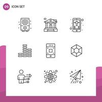 Set of 9 Commercial Outlines pack for technology mobile celebration camera player Editable Vector Design Elements