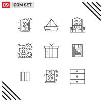 Pack of 9 creative Outlines of teamwork production buildings people shops Editable Vector Design Elements