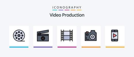 vídeo producción línea lleno 5 5 icono paquete incluso foto . cámara . película. creativo íconos diseño vector