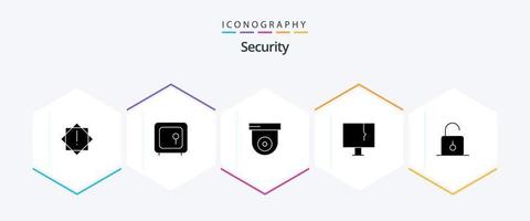 Security 25 Glyph icon pack including padlock. warning. camera. virus. infected vector