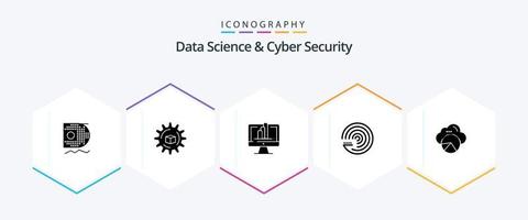 Data Science And Cyber Security 25 Glyph icon pack including cloud. scince. computer. forecasting model. forecasting vector