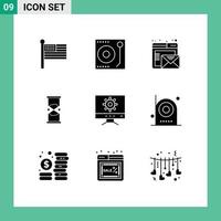 Set of 9 Vector Solid Glyphs on Grid for computer watch browser timer hourglass Editable Vector Design Elements