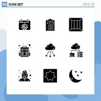 Universal Icon Symbols Group of 9 Modern Solid Glyphs of connection traveling box camp money Editable Vector Design Elements