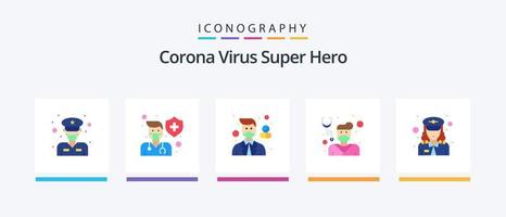 corona virus súper héroe plano 5 5 icono paquete incluso cuidado. salud. blindaje. doctor. masculino. creativo íconos diseño vector