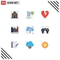 Modern Set of 9 Flat Colors Pictograph of game controller mobile love cloud library Editable Vector Design Elements