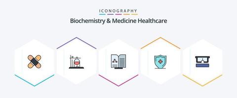 Biochemistry And Medicine Healthcare 25 FilledLine icon pack including shield. sign. rehydration. hospital. report vector