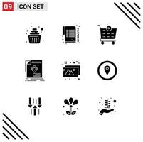 Pack of 9 creative Solid Glyphs of images page checkout magazine advertisement Editable Vector Design Elements