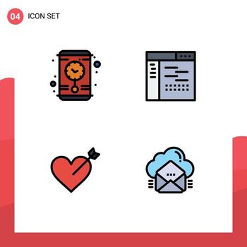 4 4 universal línea de relleno plano colores conjunto para web y móvil aplicaciones reloj corazón código página nube editable vector diseño elementos