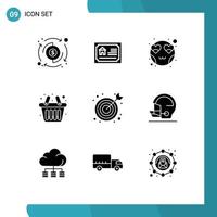 9 Thematic Vector Solid Glyphs and Editable Symbols of target bulls eye emot shopping basket Editable Vector Design Elements