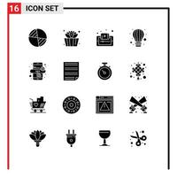 Group of 16 Modern Solid Glyphs Set for seo online hot air learning parachute air Editable Vector Design Elements