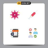 Group of 4 Modern Flat Icons Set for flower online syringe needle store Editable Vector Design Elements