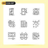 Pack of 9 Modern Outlines Signs and Symbols for Web Print Media such as cv money alternative global currency Editable Vector Design Elements