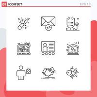 Pack of 9 creative Outlines of conference promotion fitness marketing advertising Editable Vector Design Elements