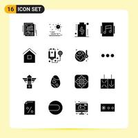 Set of 16 Vector Solid Glyphs on Grid for house building battery showcase album Editable Vector Design Elements