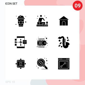 9 User Interface Solid Glyph Pack of modern Signs and Symbols of label development building develop app Editable Vector Design Elements