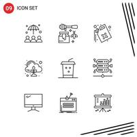 Mobile Interface Outline Set of 9 Pictograms of takeaway cola gas cloud zero Editable Vector Design Elements