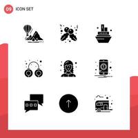 Modern Set of 9 Solid Glyphs Pictograph of female web developer developer cruise arrest handcuffs Editable Vector Design Elements