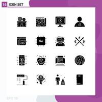 Pictogram Set of 16 Simple Solid Glyphs of dad unlocked monitor padlock body Editable Vector Design Elements