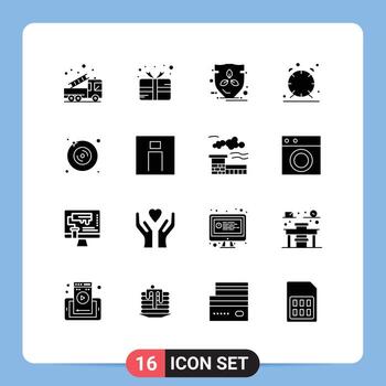 móvil interfaz sólido glifo conjunto de dieciséis pictogramas de disco hora premio reloj proteger editable vector diseño elementos