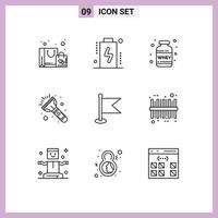 Universal Icon Symbols Group of 9 Modern Outlines of map flag nutrition torch flash Editable Vector Design Elements