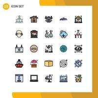 Pictogram Set of 25 Simple Filled line Flat Colors of laptop sun action mountain landscape Editable Vector Design Elements