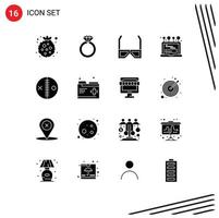 User Interface Pack of 16 Basic Solid Glyphs of doll computer glasses login install Editable Vector Design Elements