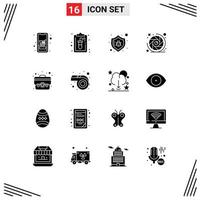 Set of 16 Vector Solid Glyphs on Grid for business camera shutter lab camera lens security Editable Vector Design Elements