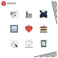 Pack of 9 Modern Flat Colors Signs and Symbols for Web Print Media such as bakery heart production healthcare analytics Editable Vector Design Elements