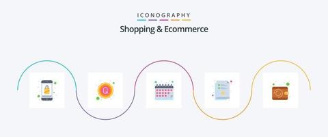 compras y comercio electrónico plano 5 5 icono paquete incluso dinero en efectivo. lista. etiqueta. documento. hora vector