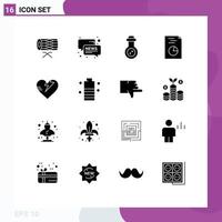 Pack of 16 Modern Solid Glyphs Signs and Symbols for Web Print Media such as care healthcare news report analytics Editable Vector Design Elements