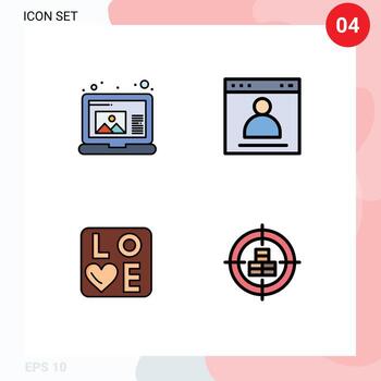 móvil interfaz línea de relleno plano color conjunto de 4 4 pictogramas de crear amor navegador página Boda editable vector diseño elementos