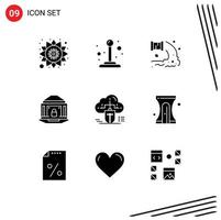 Editable Vector Line Pack of 9 Simple Solid Glyphs of cloud security sewage lock banking Editable Vector Design Elements