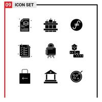 Pictogram Set of 9 Simple Solid Glyphs of lock security coin text sheet sheet Editable Vector Design Elements