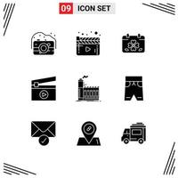 Modern Set of 9 Solid Glyphs Pictograph of industrial media calendar film patricks Editable Vector Design Elements