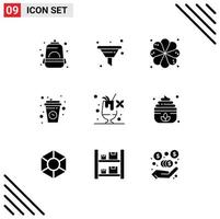 Group of 9 Modern Solid Glyphs Set for food relax plumeria cup coffee Editable Vector Design Elements