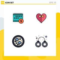 Mobile Interface Filledline Flat Color Set of 4 Pictograms of calendar connected money heart network Editable Vector Design Elements