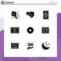 Editable Vector Line Pack of 9 Simple Solid Glyphs of aim watch browser payment currency Editable Vector Design Elements