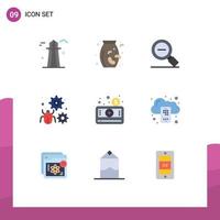 Mobile Interface Flat Color Set of 9 Pictograms of money setting magnify bug configure Editable Vector Design Elements