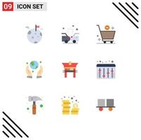 Pack of 9 Modern Flat Colors Signs and Symbols for Web Print Media such as china gate cart guarder earth saving Editable Vector Design Elements