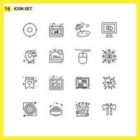 16 Universal Outlines Set for Web and Mobile Applications mind head palm communication medicine Editable Vector Design Elements