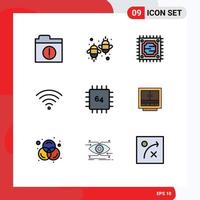 9 Thematic Vector Filledline Flat Colors and Editable Symbols of gadget computers cpu chip signal Editable Vector Design Elements