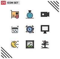 Mobile Interface Filledline Flat Color Set of 9 Pictograms of clock alarm count marketing advertising Editable Vector Design Elements