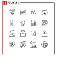 Group of 16 Modern Outlines Set for devices cellphone arrow battery heart Editable Vector Design Elements