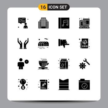 Group of 16 Modern Solid Glyphs Set for farming caring media care script Editable Vector Design Elements