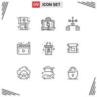 Pack of 9 creative Outlines of play movie sync media develop Editable Vector Design Elements